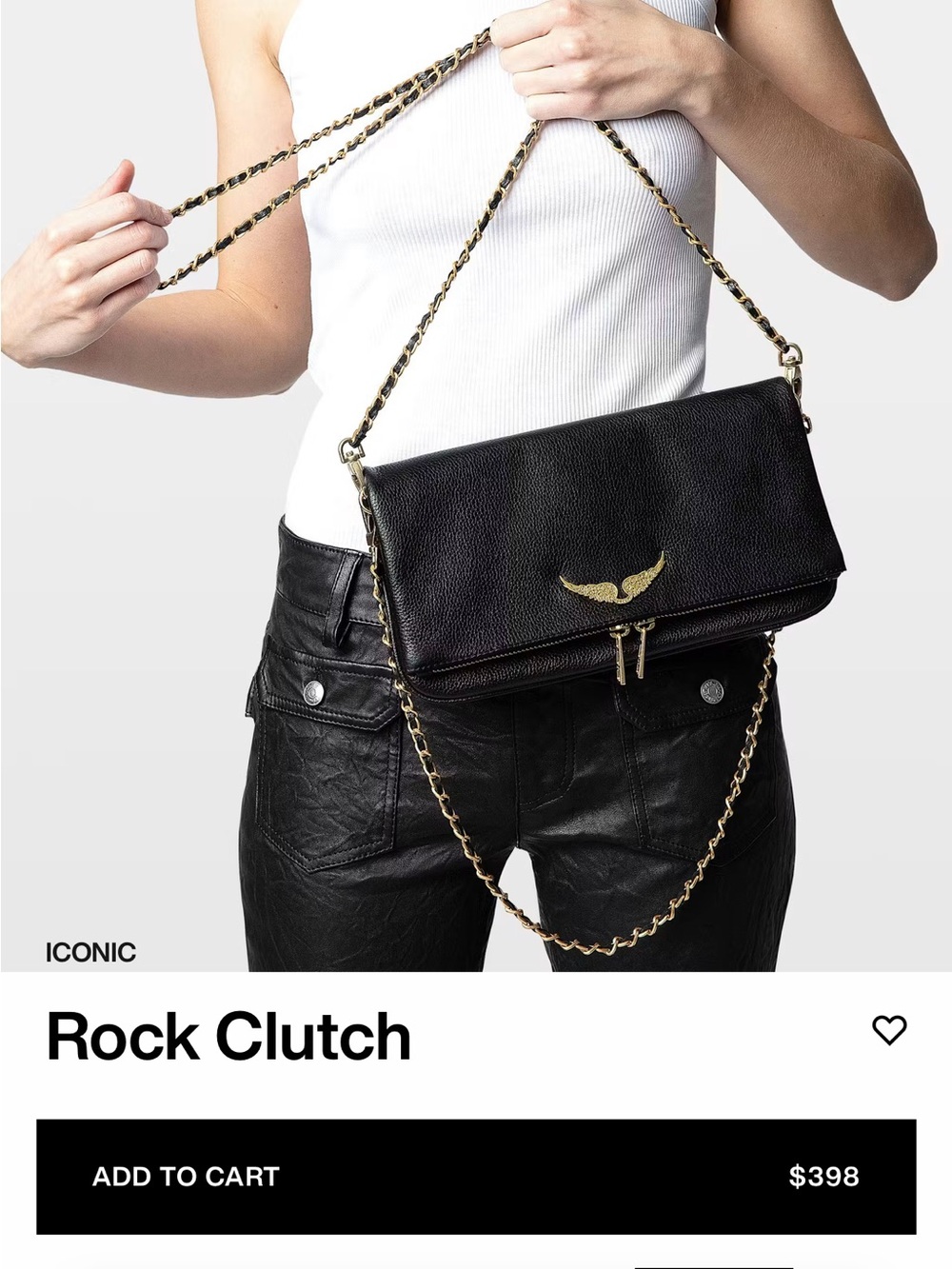 Zadig & Voltaire Black Leather Rock Clutch with Gold Hardware
